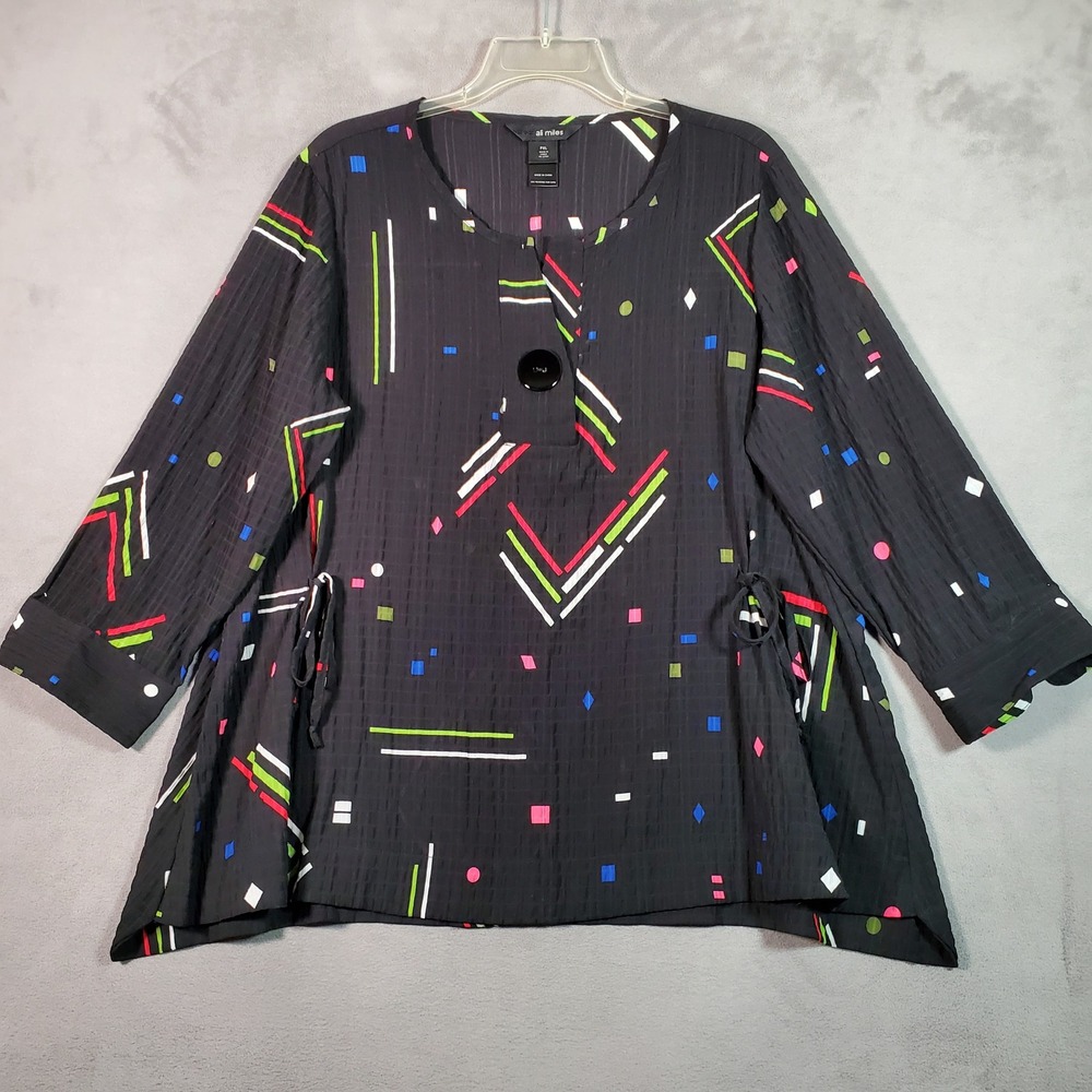 Ali Miles Tunic Top Womens XLP Black Geometric Art to Wear Lagenlook Abstract